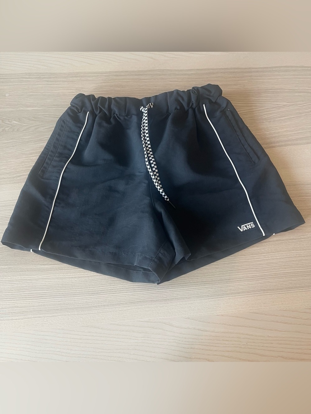 Vans Women’s XS Retro Patchwork Black Shorts Checkered Drawstring Piping Y2K